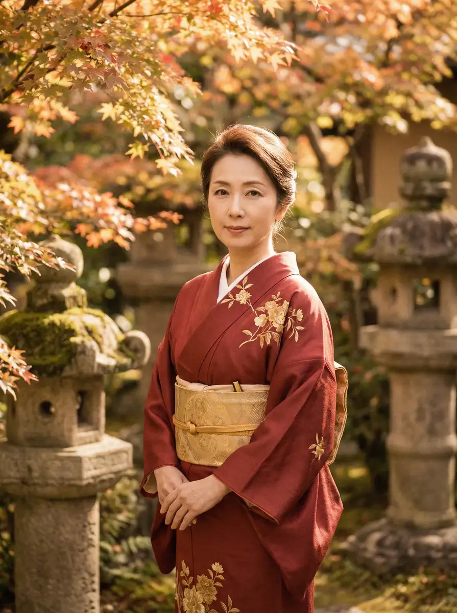 一位身穿暗红色和服的优雅 宫下玲奈 - 宫下玲奈短视频官方网站 - 最新资讯宫下玲奈 在日式庭院中